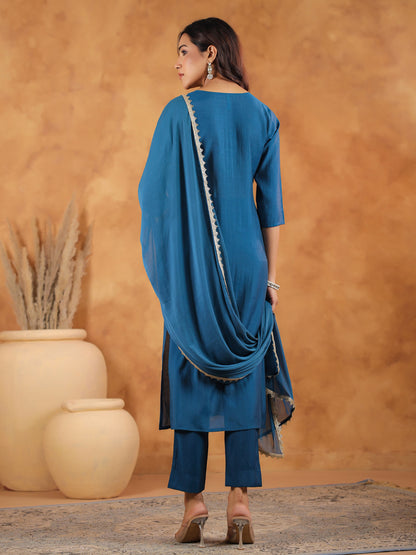 Janasya Dark Chanderi Yoke Embroidery Straight Kurta Set - Distacart