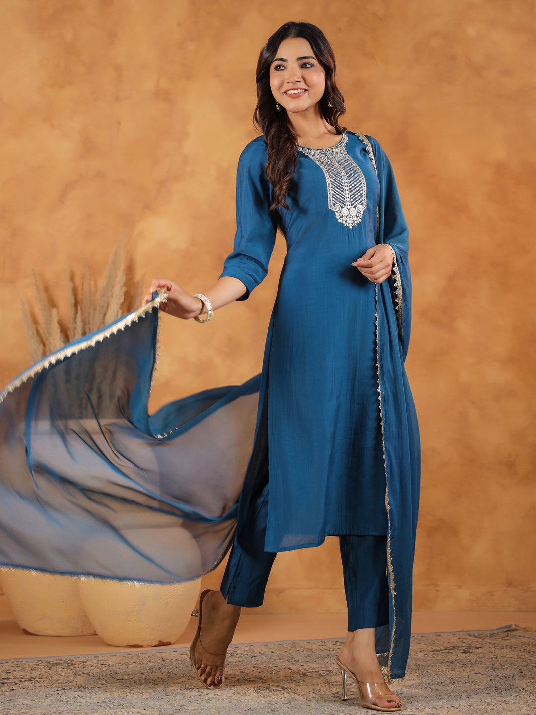 Janasya Dark Chanderi Yoke Embroidery Straight Kurta Set - Distacart