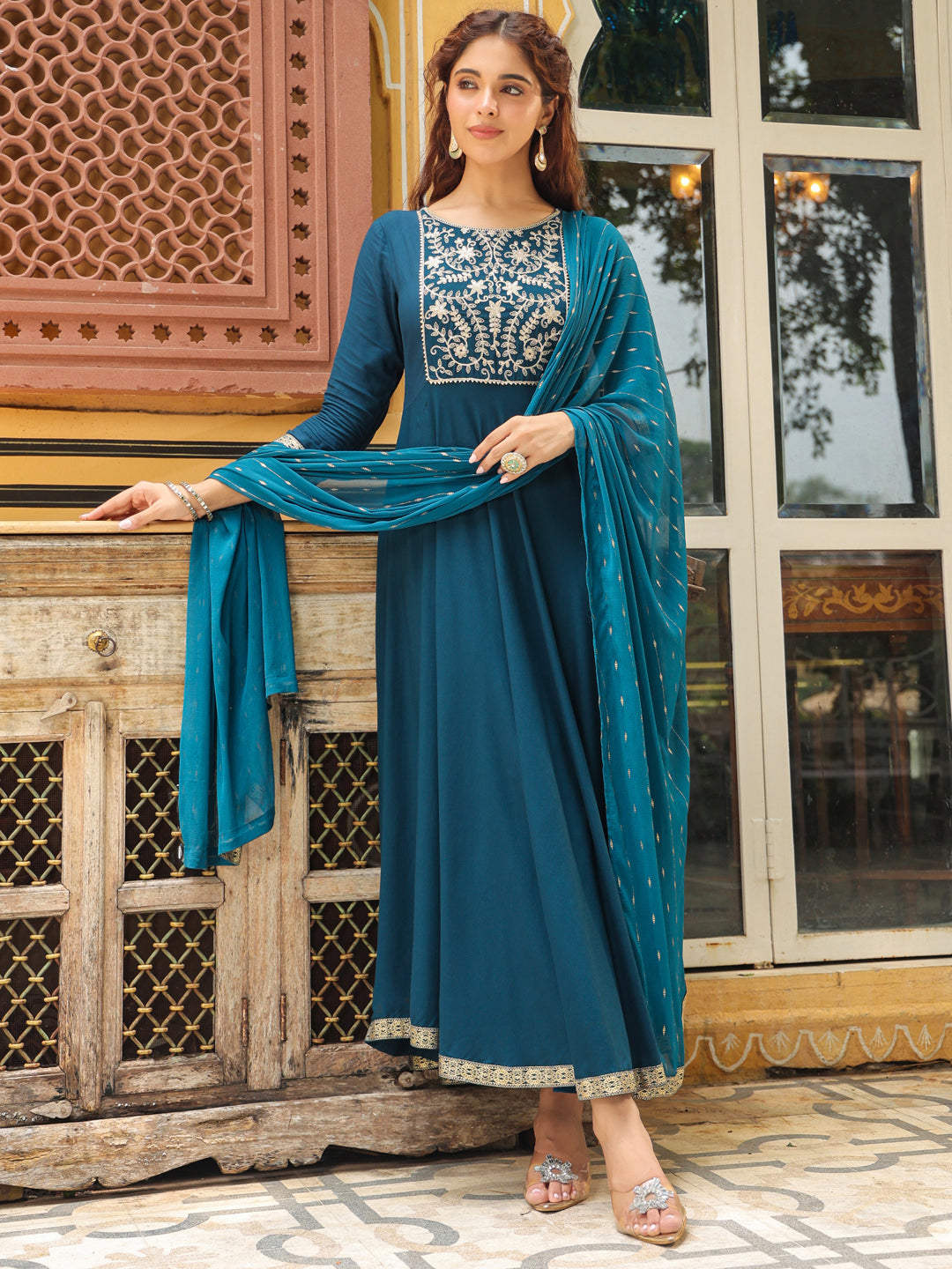 Janasya Dark Rayon Yoke Embroidery Anarkali Kurta Set