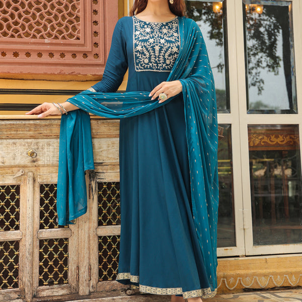 Janasya Dark Rayon Yoke Embroidery Anarkali Kurta Set - Distacart