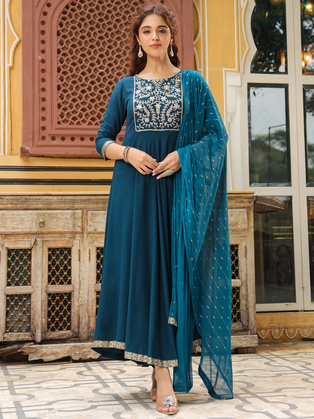 Janasya Dark Rayon Yoke Embroidery Anarkali Kurta Set