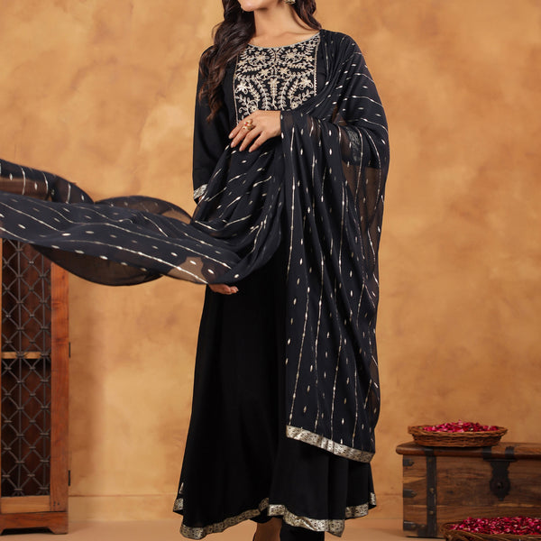Janasya Black Rayon Embroidered Kurta,Bottom & Dupatta - Distacart