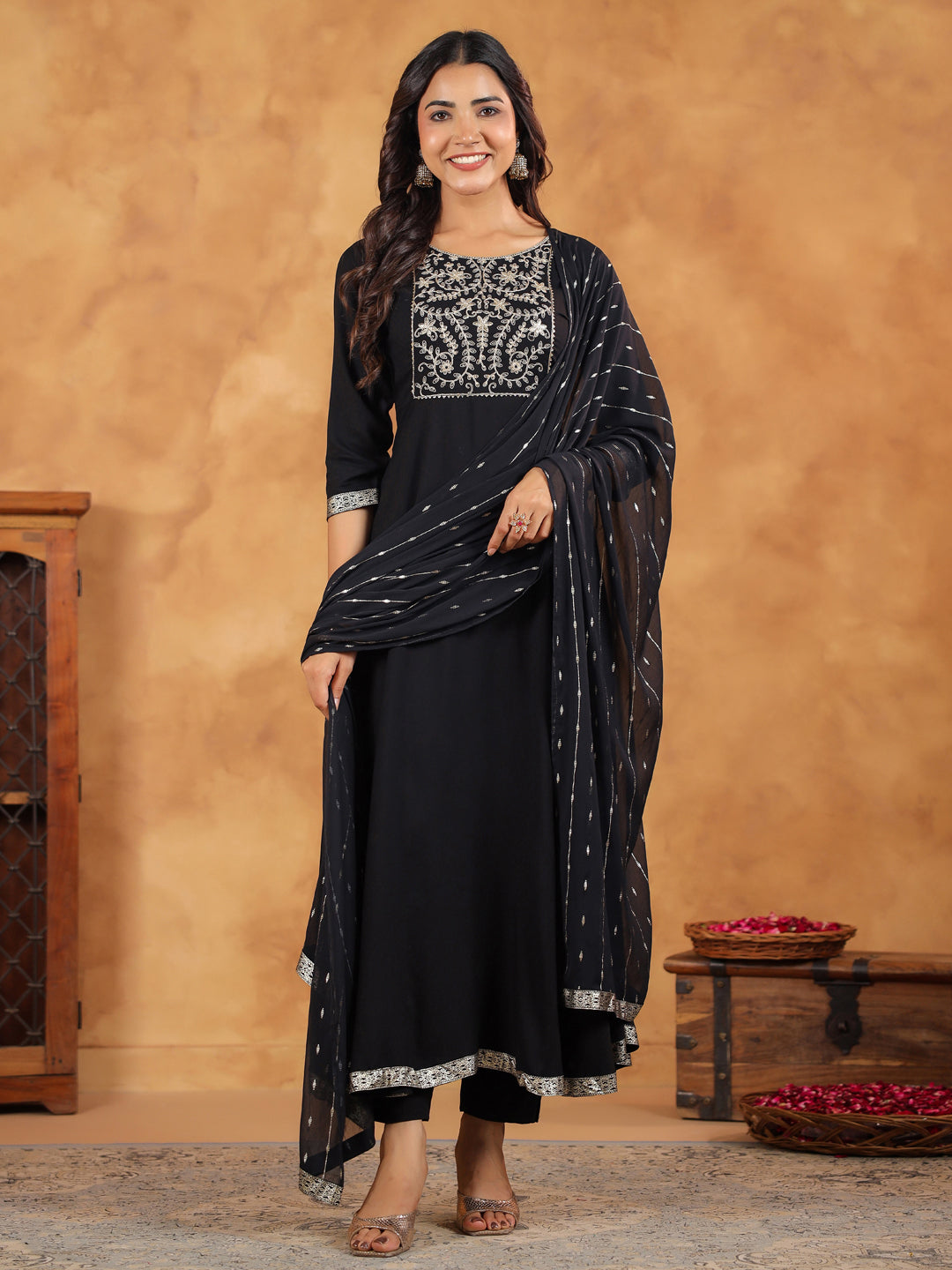 Janasya Black Rayon Embroidered Kurta,Bottom & Dupatta - Distacart
