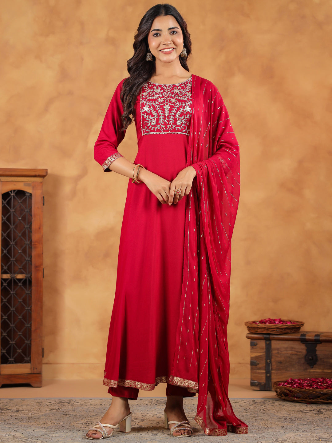 Janasya Pink Rayon Embroidered Kurta,Bottom & Dupatta - Distacart