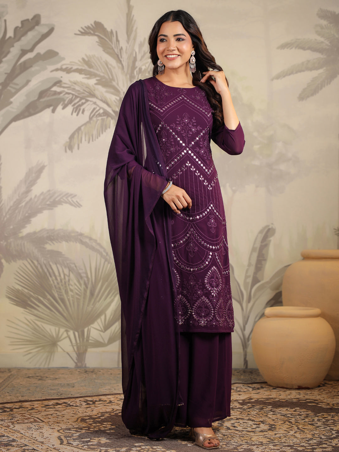 Janasya Purple Weightless Georgette Embroidered Kurta,Bottom & Dupatta - Distacart