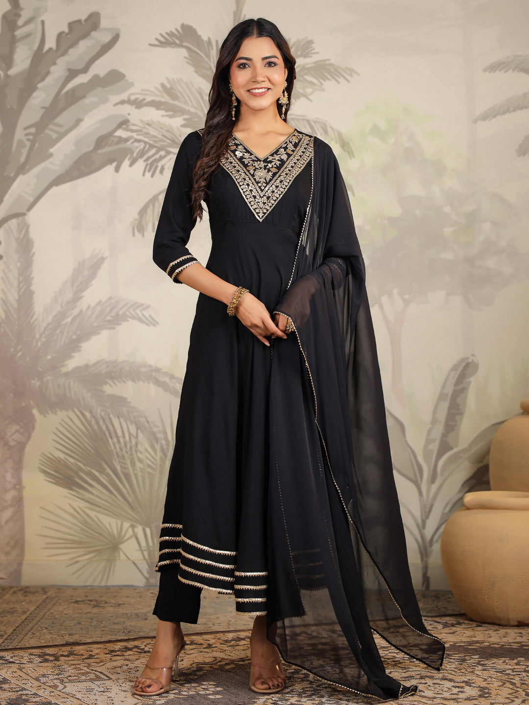 Janasya Dark Rayon Embroidered Anarkali Kurta Set