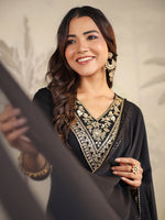 Thumbnail for Janasya Dark Rayon Embroidered Anarkali Kurta Set