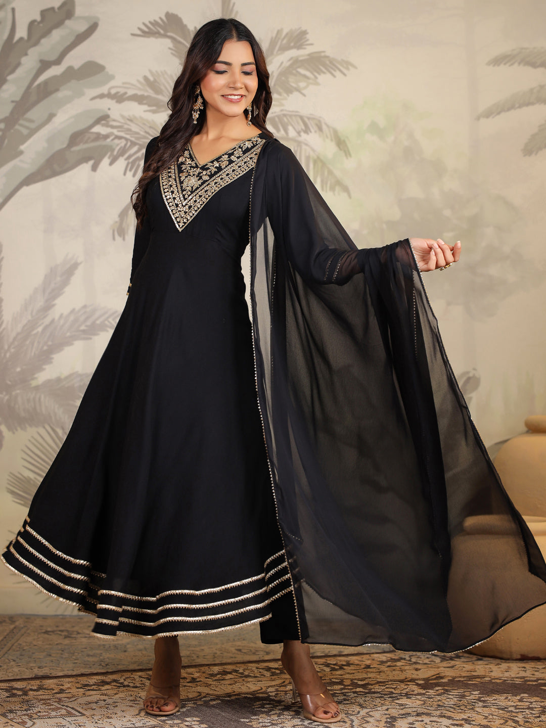 Janasya Dark Rayon Embroidered Anarkali Kurta Set