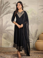 Thumbnail for Janasya Dark Rayon Embroidered Anarkali Kurta Set