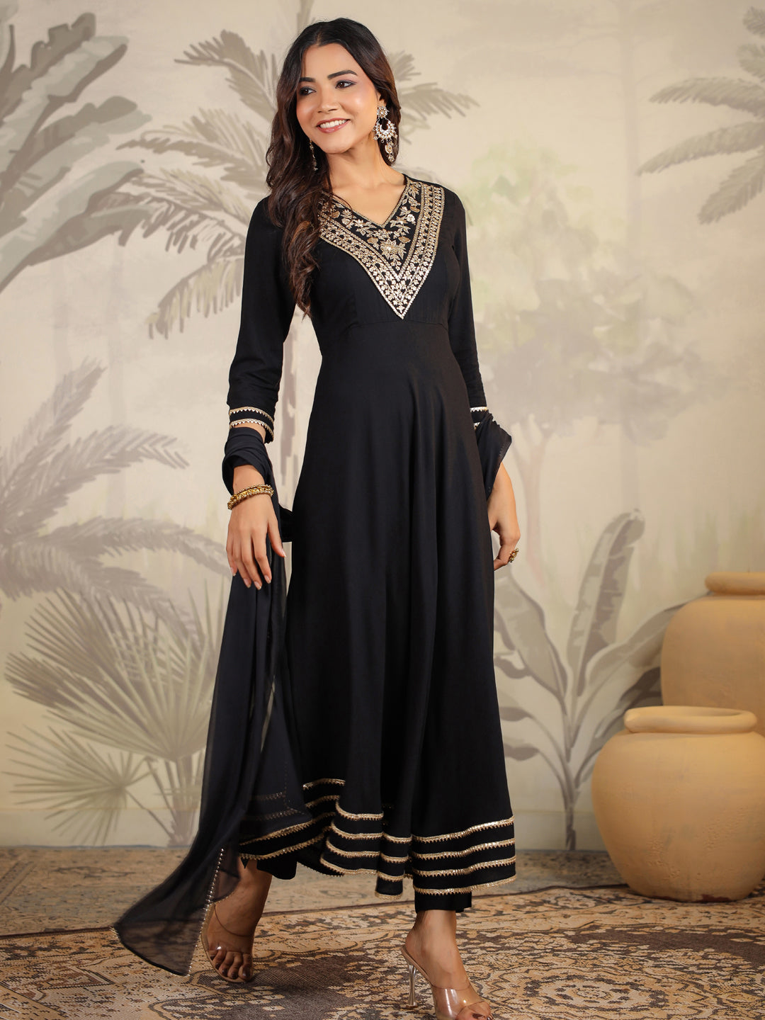 Janasya Dark Rayon Embroidered Anarkali Kurta Set