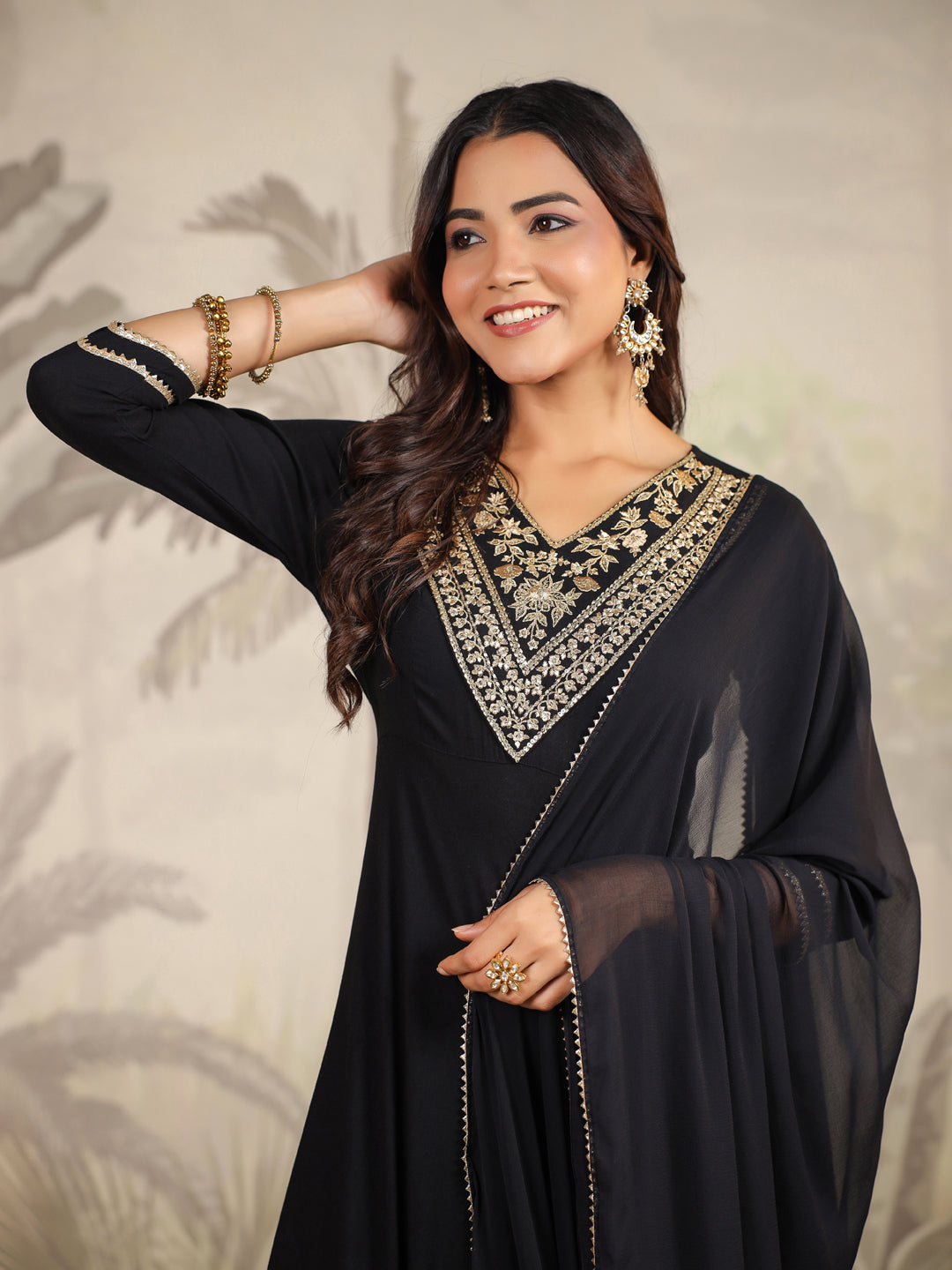 Janasya Dark Rayon Embroidered Anarkali Kurta Set