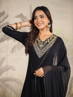 Thumbnail for Janasya Dark Rayon Embroidered Anarkali Kurta Set