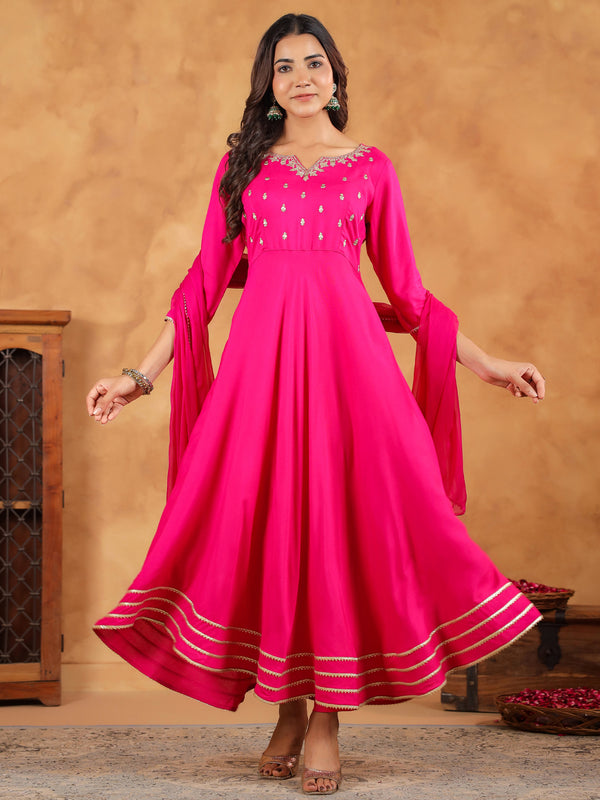 Janasya Dark Rayon Embroidered Anarkali Kurta Set
