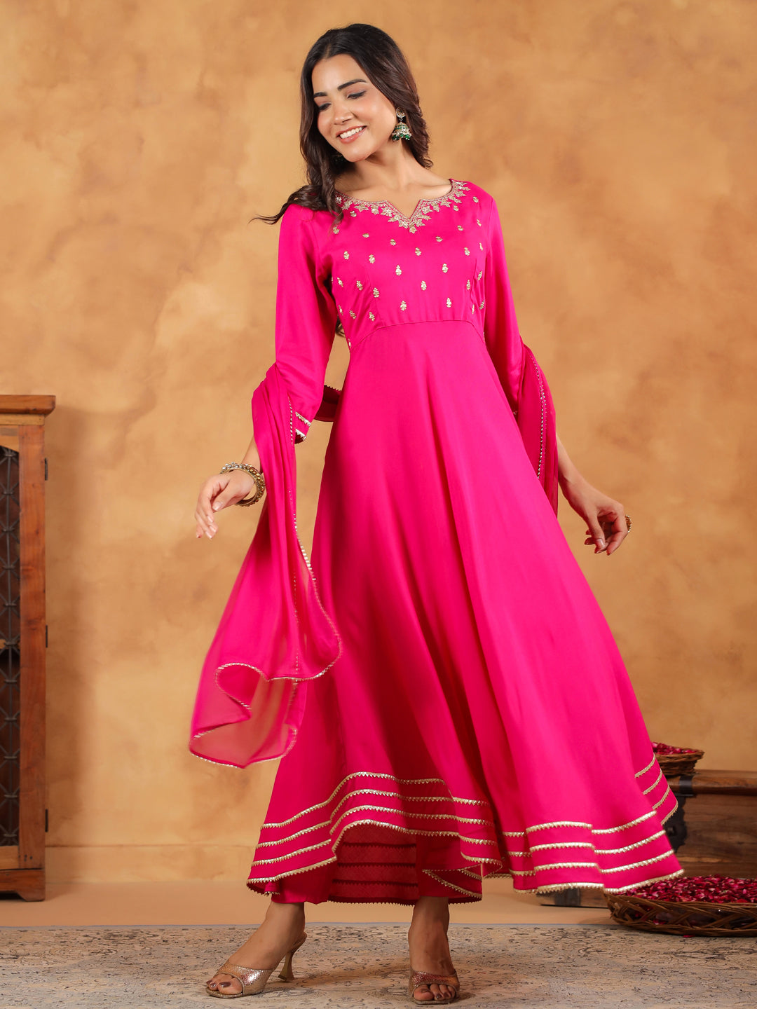 Janasya Dark Rayon Embroidered Anarkali Kurta Set