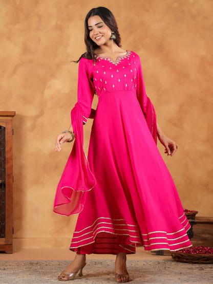 Janasya Dark Rayon Embroidered Anarkali Kurta Set - Distacart