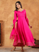 Thumbnail for Janasya Dark Rayon Embroidered Anarkali Kurta Set