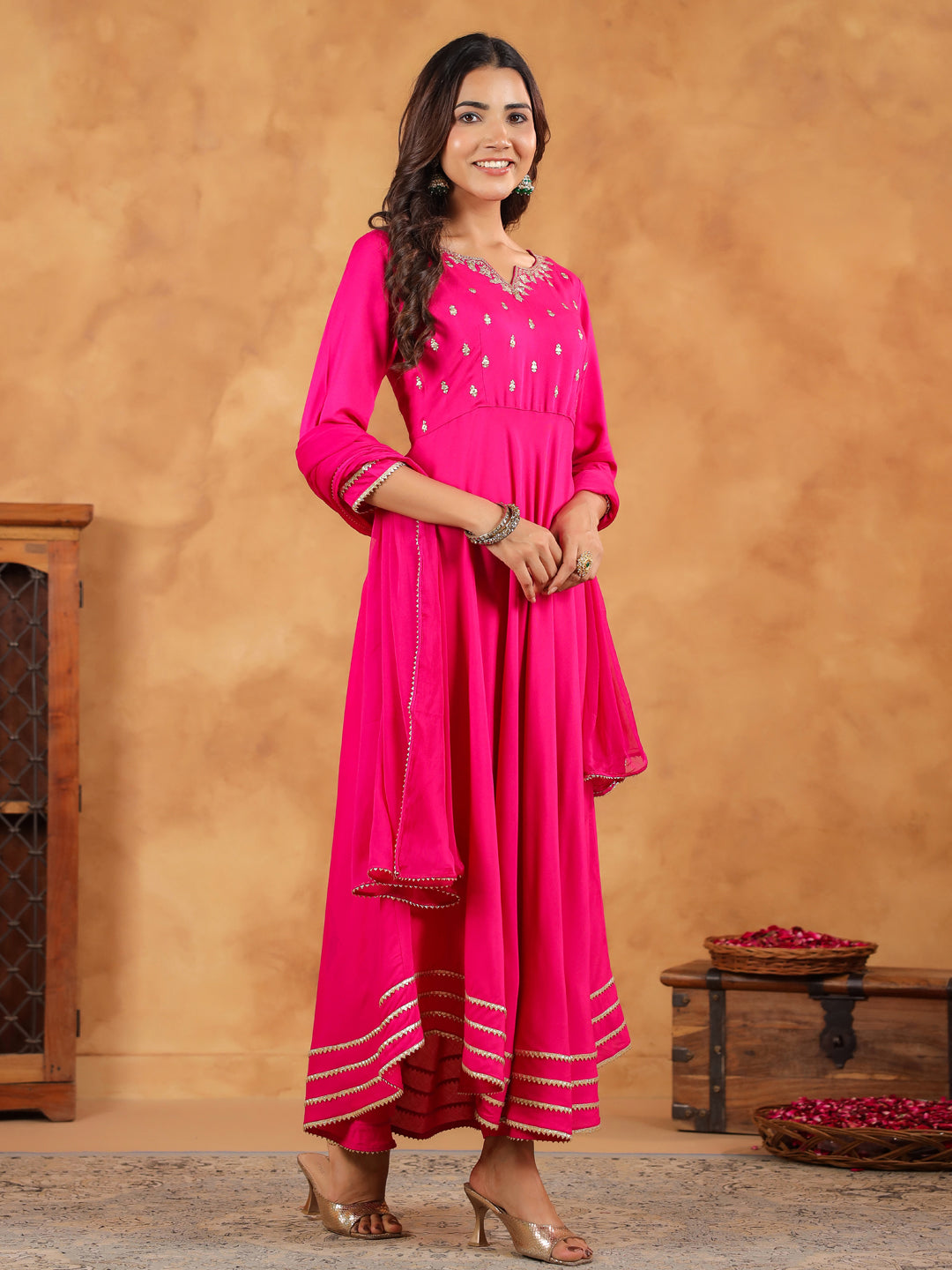 Janasya Dark Rayon Embroidered Anarkali Kurta Set