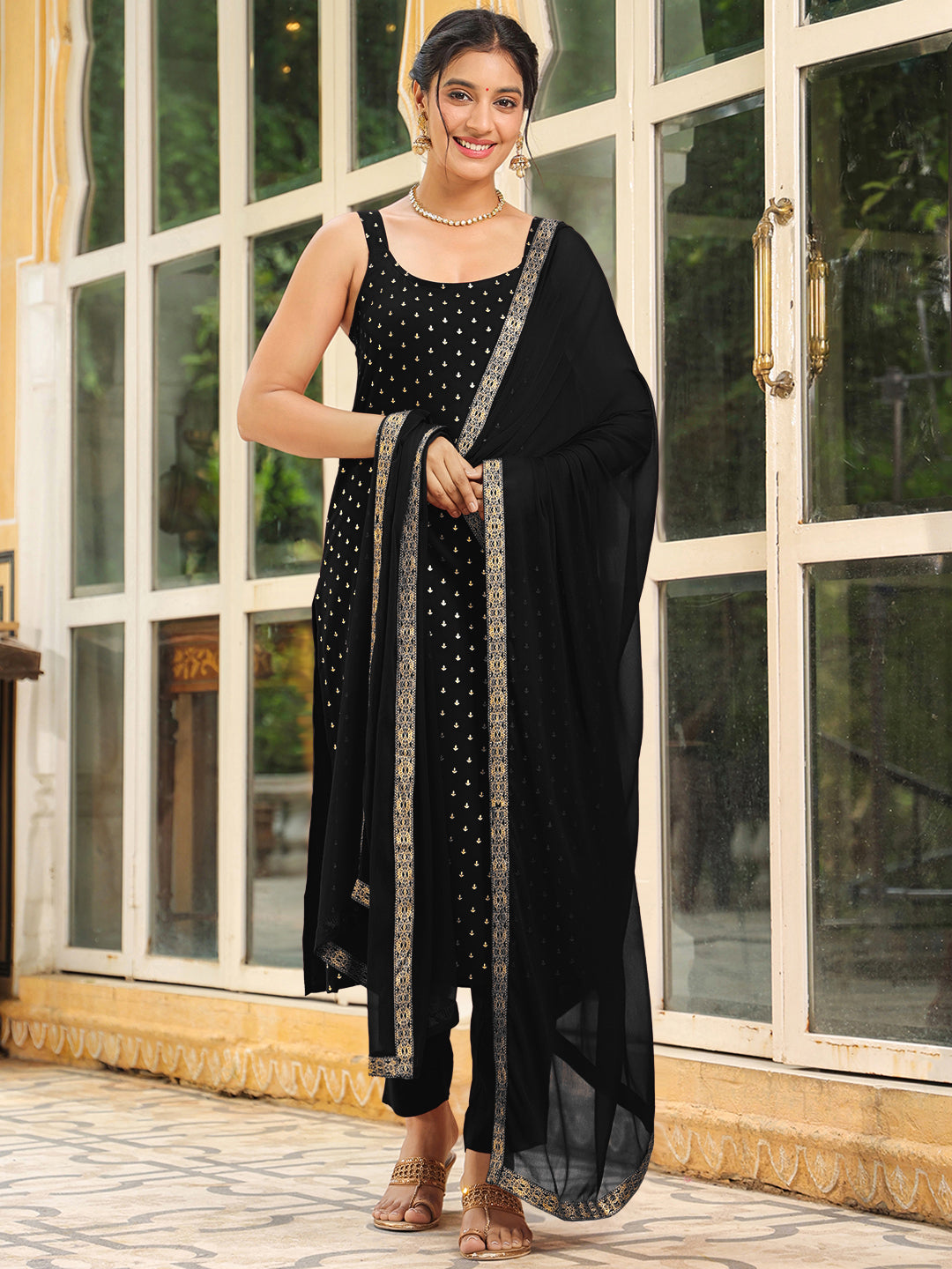 Janasya Dark Rayon Foil Print Straight Kurta Set