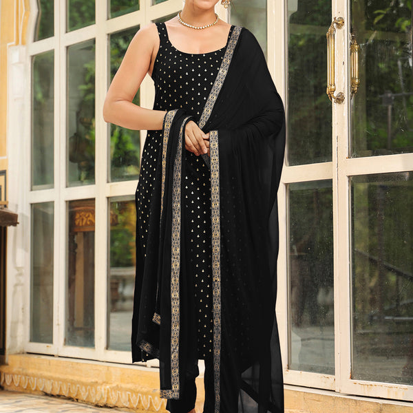 Janasya Dark Rayon Foil Print Straight Kurta Set