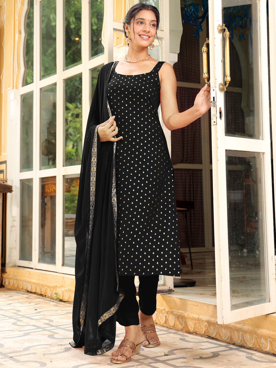 Janasya Dark Rayon Foil Print Straight Kurta Set