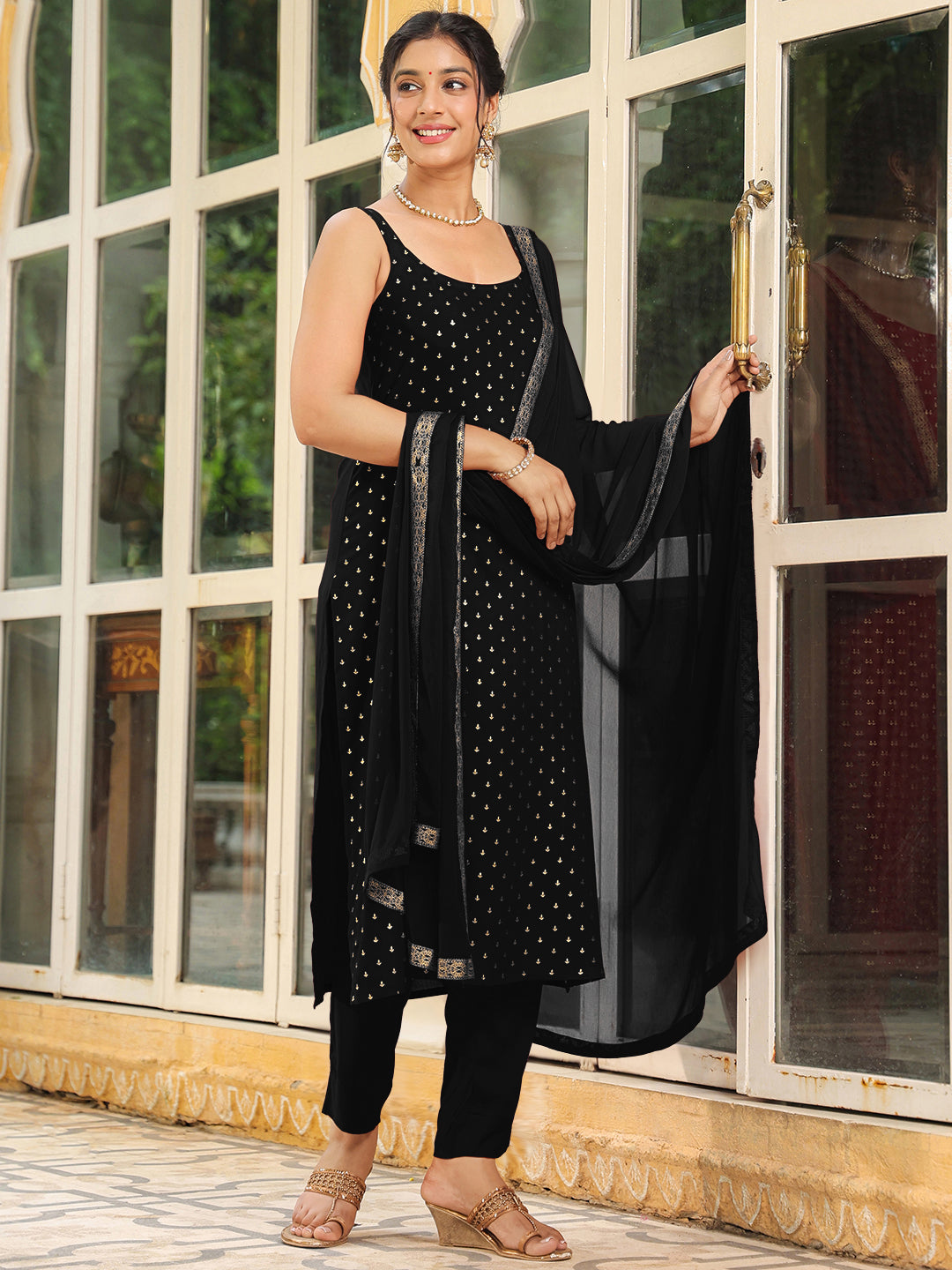 Janasya Dark Rayon Foil Print Straight Kurta Set