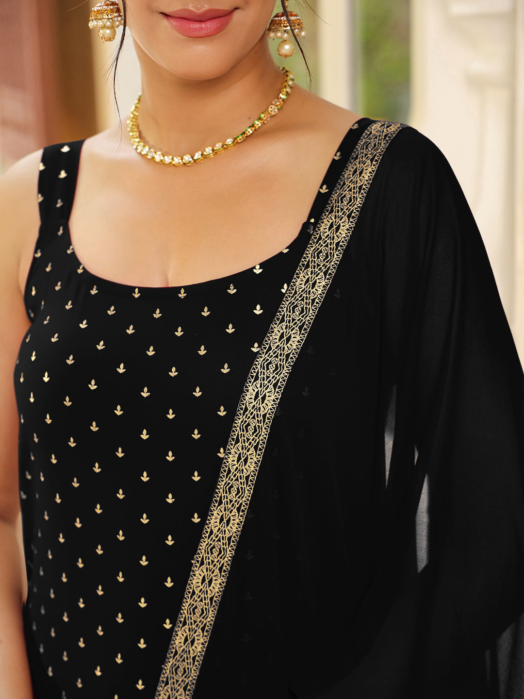 Janasya Dark Rayon Foil Print Straight Kurta Set