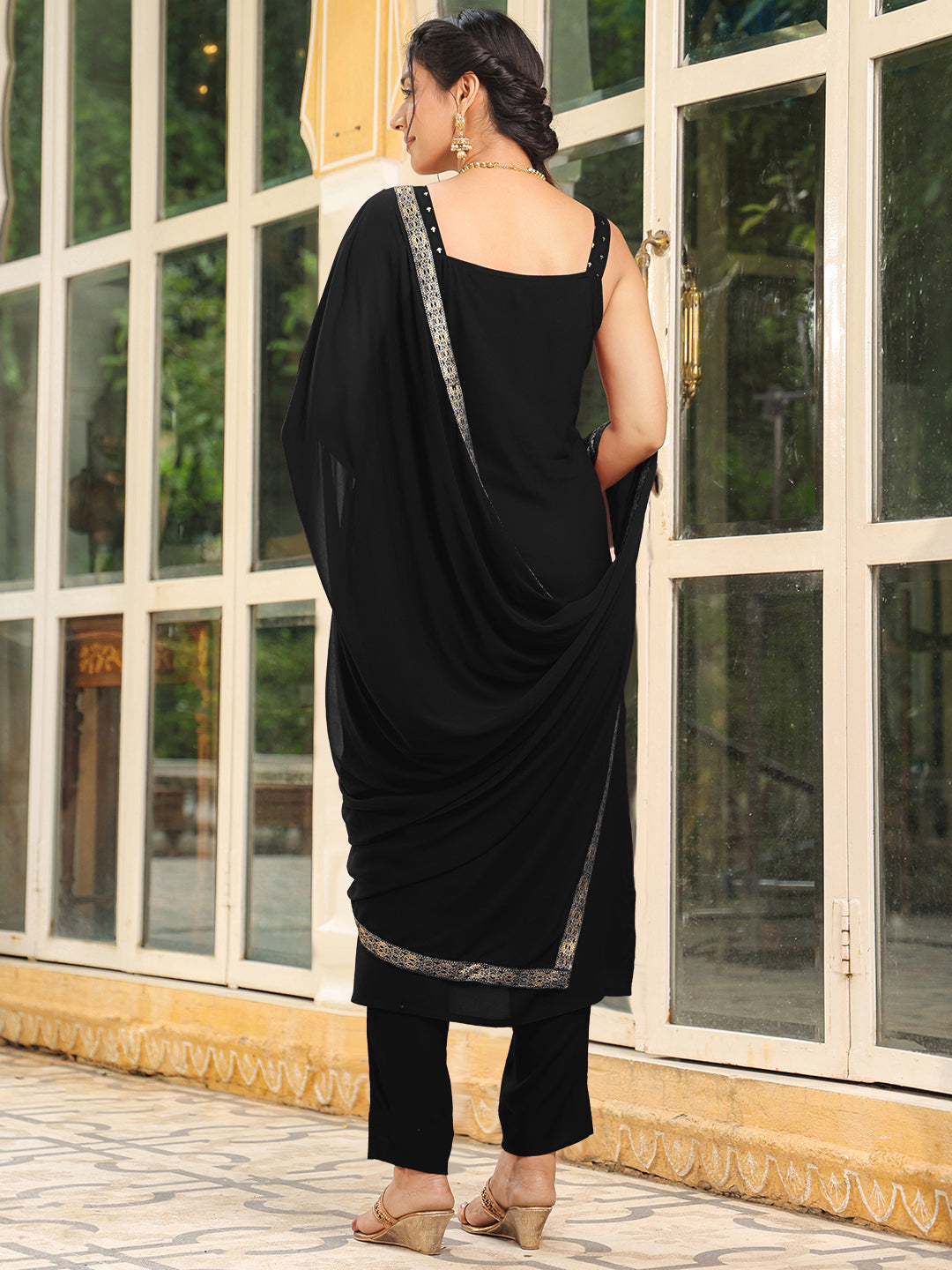 Janasya Dark Rayon Foil Print Straight Kurta Set