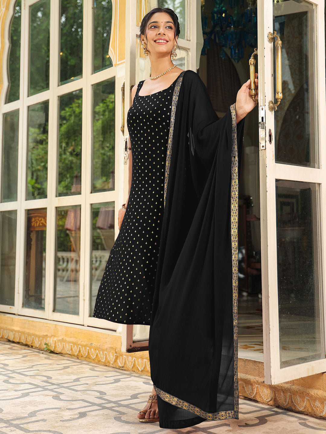 Janasya Dark Rayon Foil Print Straight Kurta Set