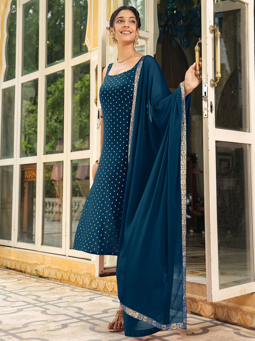 Janasya Dark Rayon Foil Print Straight Kurta Set