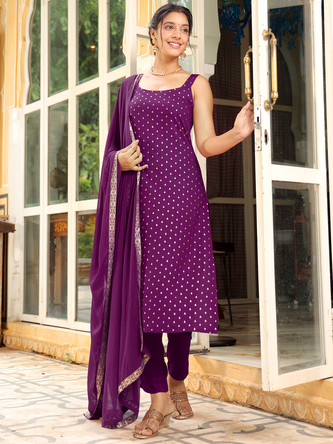 Janasya Dark Rayon Foil Print Straight Kurta Set - Distacart