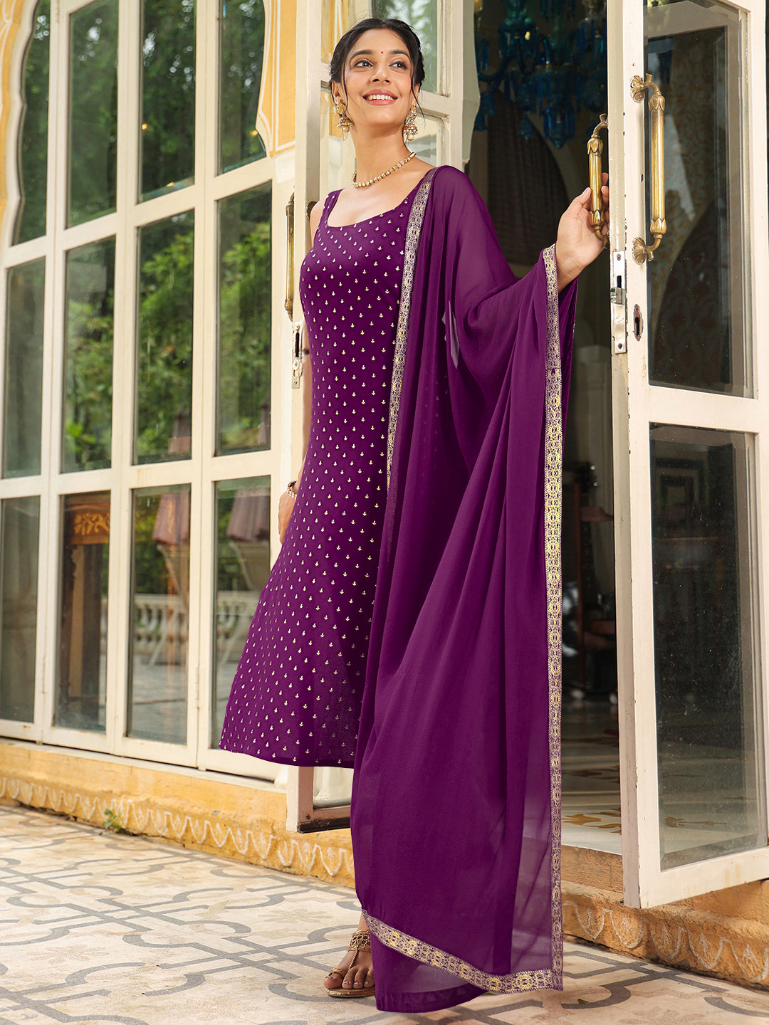 Janasya Dark Rayon Foil Print Straight Kurta Set - Distacart
