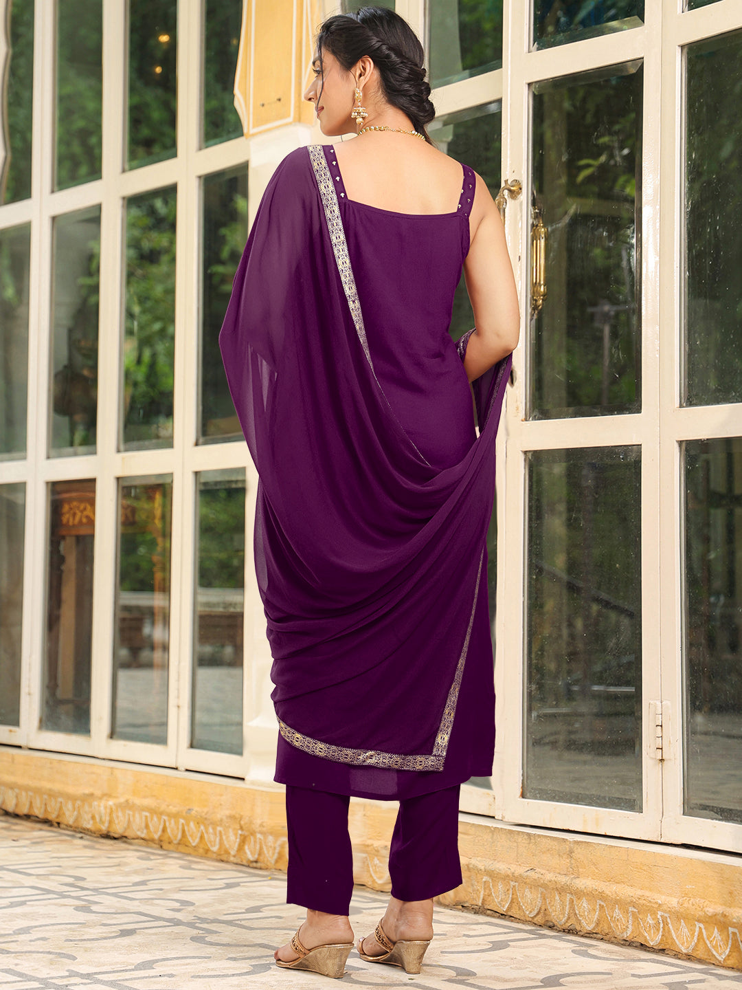Janasya Dark Rayon Foil Print Straight Kurta Set