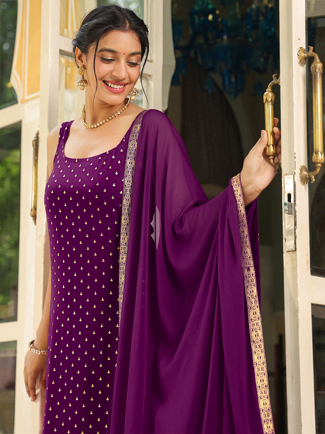 Janasya Dark Rayon Foil Print Straight Kurta Set