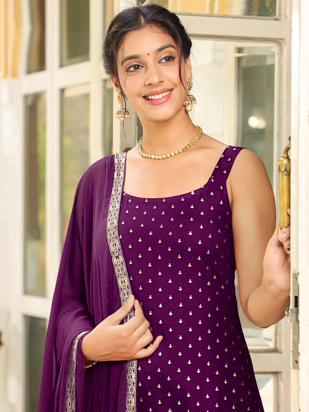 Janasya Dark Rayon Foil Print Straight Kurta Set