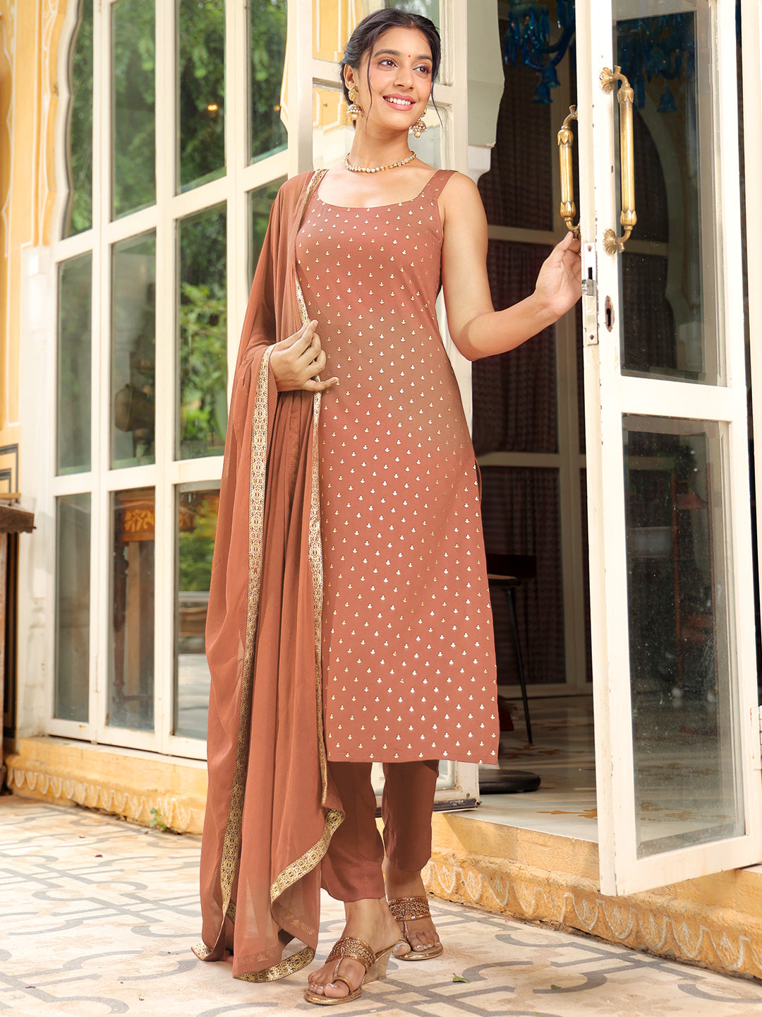 Janasya Dark Rayon Foil Print Straight Kurta Set