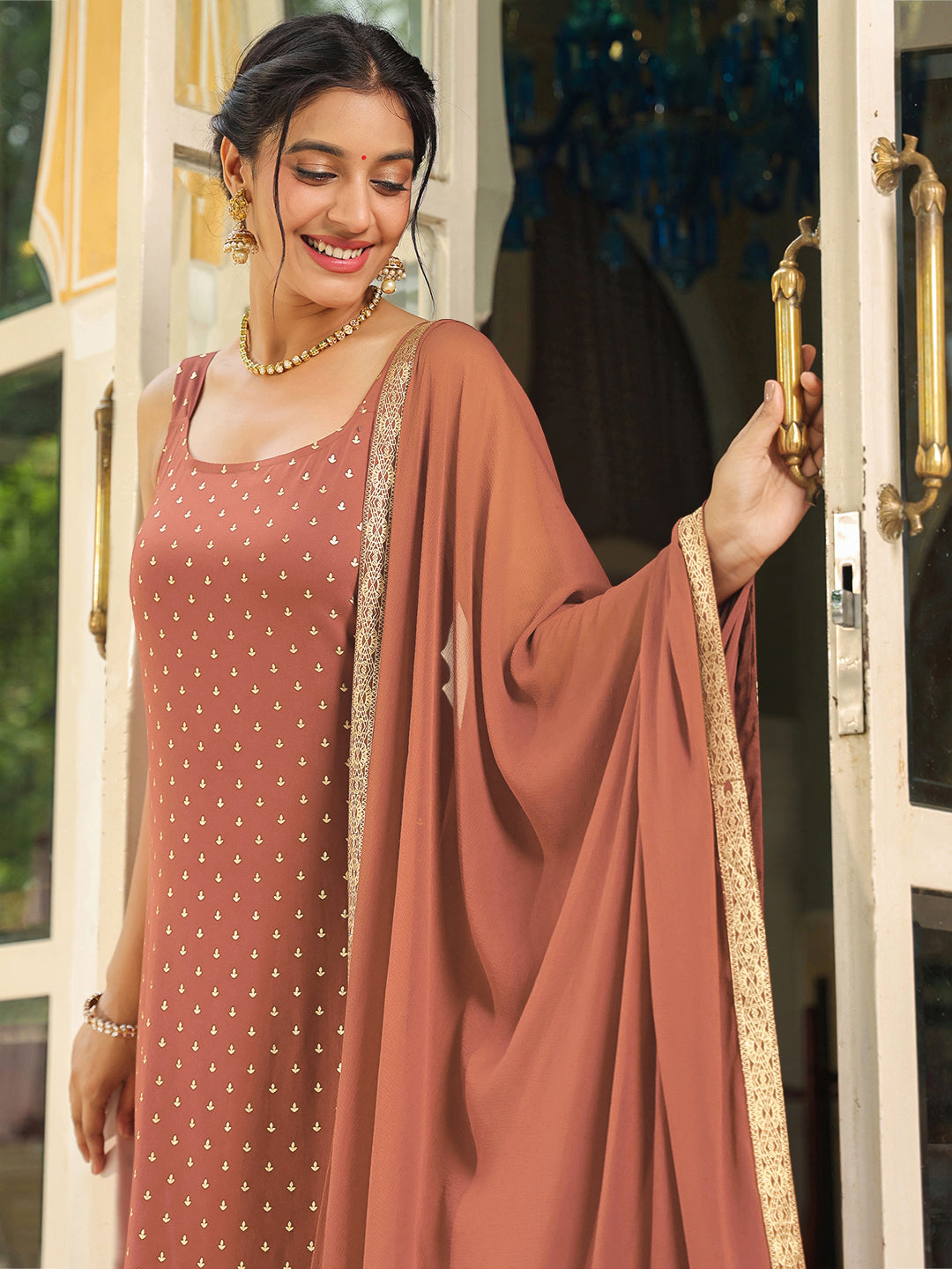 Janasya Dark Rayon Foil Print Straight Kurta Set - Distacart