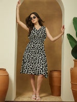 Thumbnail for Janasya Dark Cotton Abstract A-Line Dress