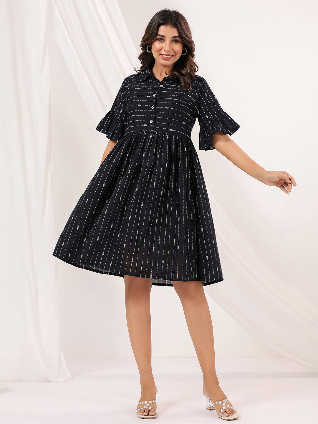 Janasya Dark Cotton Striped A-Line Dress