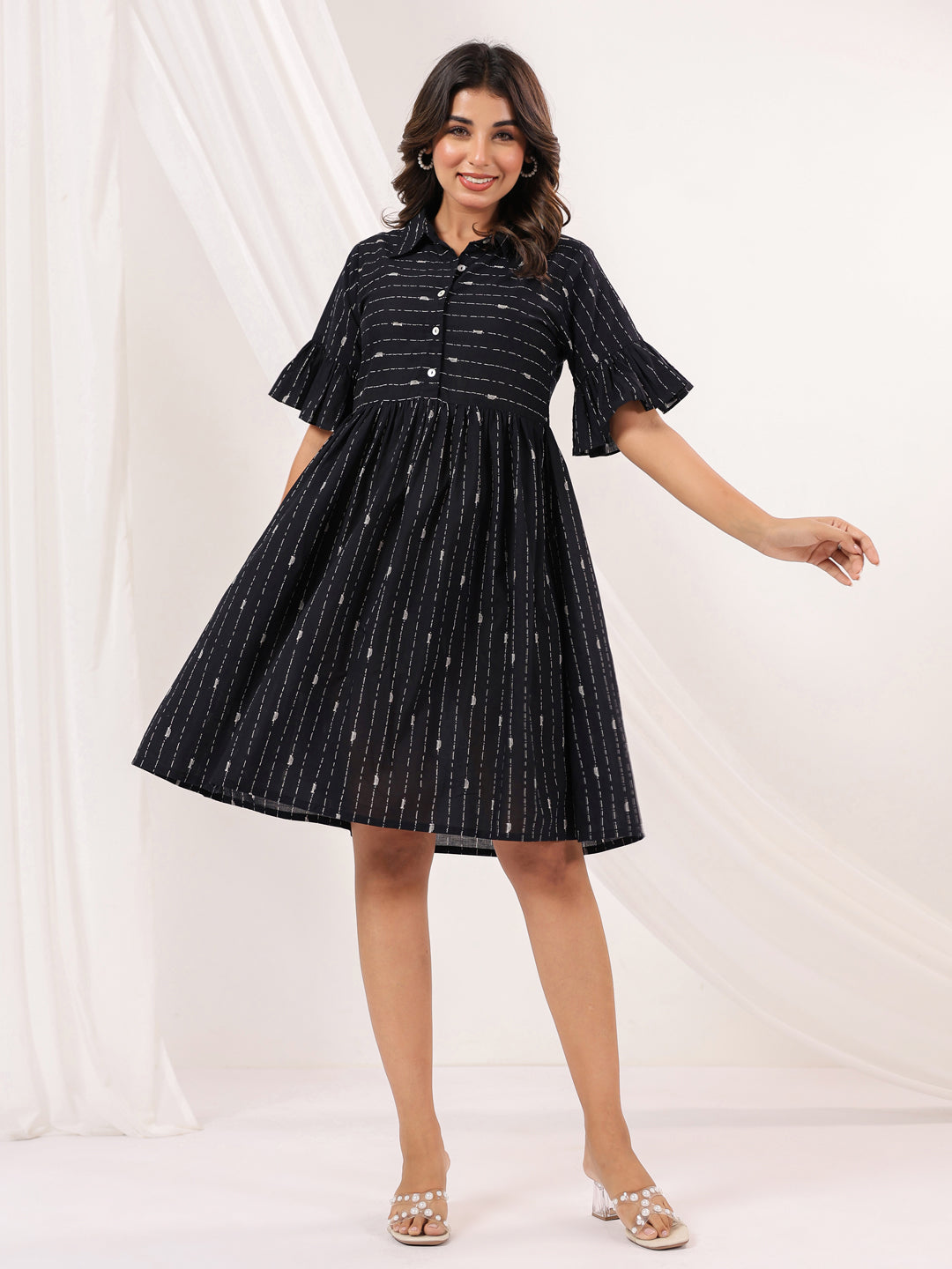 Janasya Dark Cotton Striped A-Line Dress