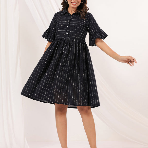 Janasya Dark Cotton Striped A-Line Dress