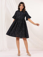 Thumbnail for Janasya Dark Cotton Striped A-Line Dress