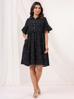 Thumbnail for Janasya Dark Cotton Striped A-Line Dress