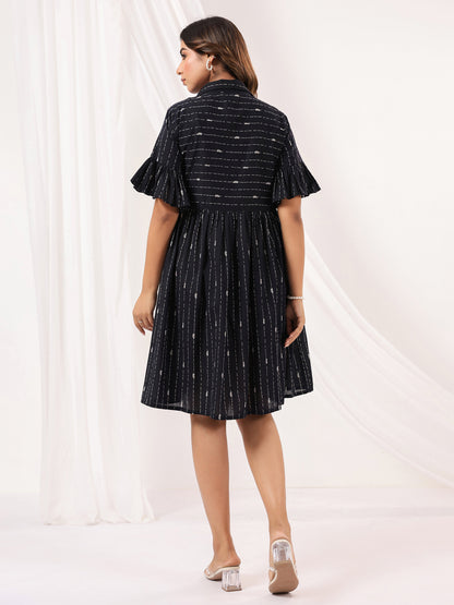 Janasya Dark Cotton Striped A-Line Dress - Distacart