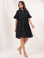 Thumbnail for Janasya Dark Cotton Striped A-Line Dress