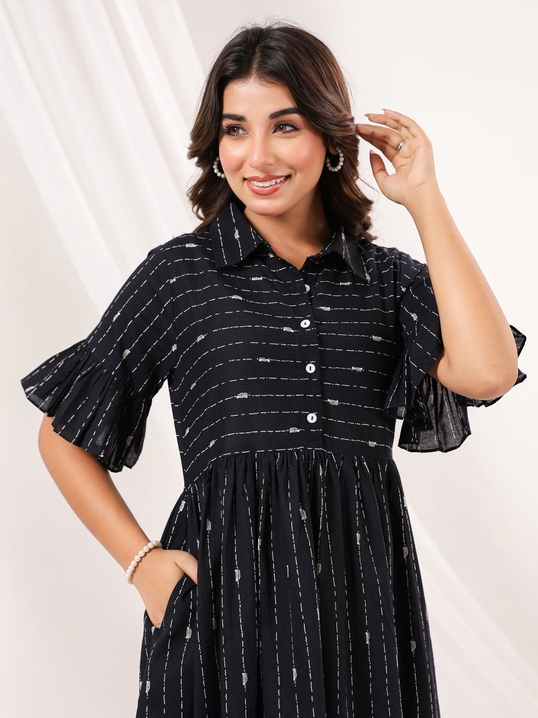 Janasya Dark Cotton Striped A-Line Dress