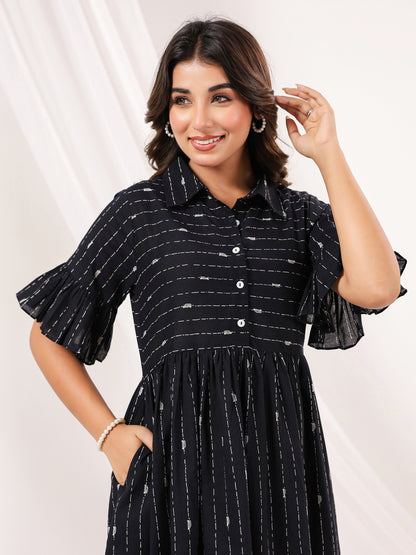 Janasya Dark Cotton Striped A-Line Dress - Distacart