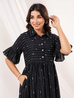 Thumbnail for Janasya Dark Cotton Striped A-Line Dress