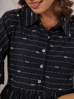 Thumbnail for Janasya Dark Cotton Striped A-Line Dress