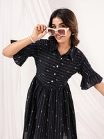 Thumbnail for Janasya Dark Cotton Striped A-Line Dress