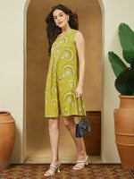 Thumbnail for Janasya Dark Cotton Abstract A-Line Dress